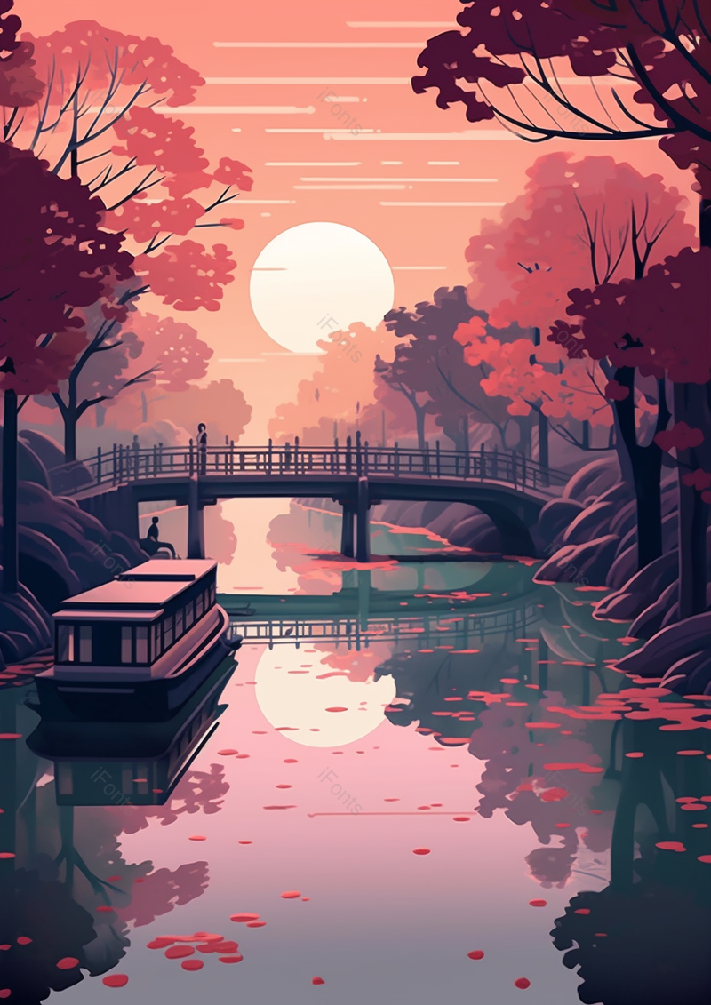 夏天安静的桥边日出插画背景自然景色手绘,插画/手绘图,插画/手绘图库,插画/手绘图下载,插画/手绘